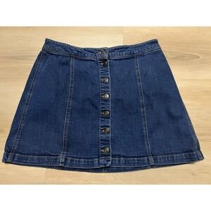 Mudd Womens Juniors Skirt 13 Blue Denim Jean Button Front Dark Wash Stretch Mini
